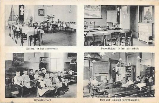 Het Slot en omgeving0009, 4 luik Zusterhuis. 1911.jpg - Zusterplein 22-22a. Het Zusterhuis is qua opzet geheel in overeenstemming met het Broederhuis. De eerste steen werd gelegd op 8 oktober 1748.  Met 4 foto’s van het interieur: Eetzaal, Schoollokaal, Bewaarschool en één der klassen jongensschool. Opname van 1911.